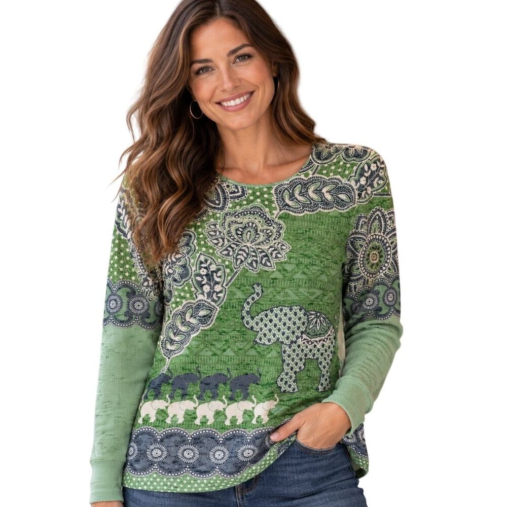 Whimsy Rose Elephant March Baby Waffle Top Womens Small Blue Green Sundance Tee